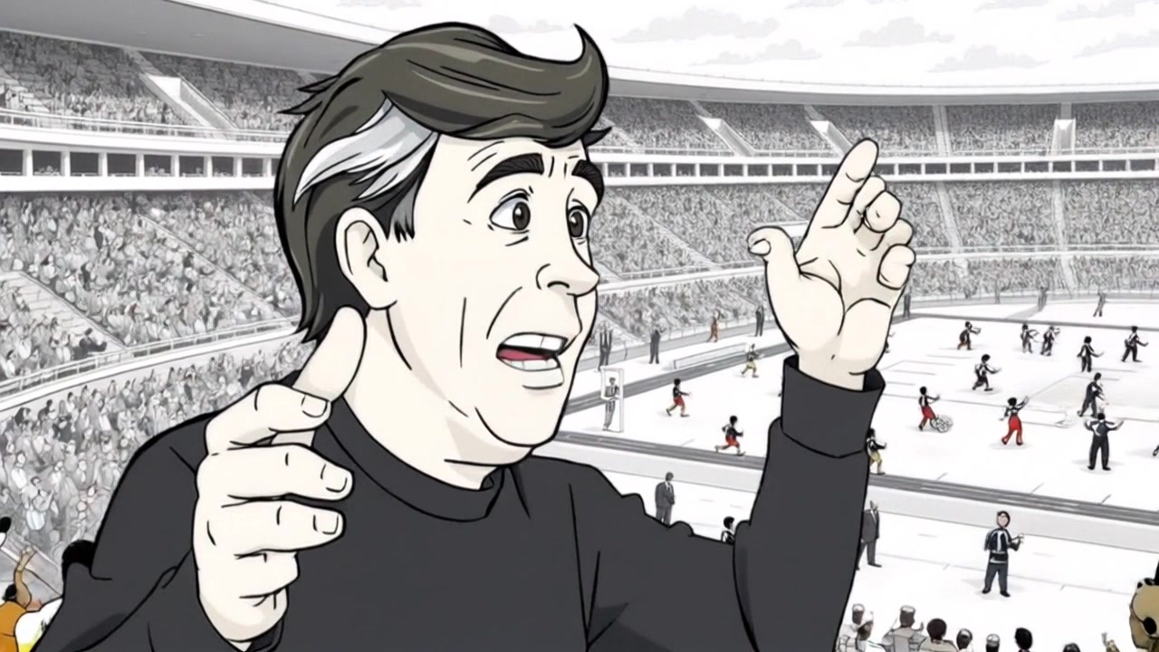 Subject: A man speaking passionately, gesturing animatedly towards an energetic stadium. Subject movement: His hands move expressively as he emphasizes his points, while the chaos of the crowd erupts behind him. Scene: The focus is on the man's intense expression, set against the backdrop of a lively stadium filled with cheering spectators. Style: Bright, vibrant lighting capturing the energy of the moment. Motion: Camera starts with a close-up of the man and then pulls back to reveal the excitement of the crowd, creating a dynamic transition.