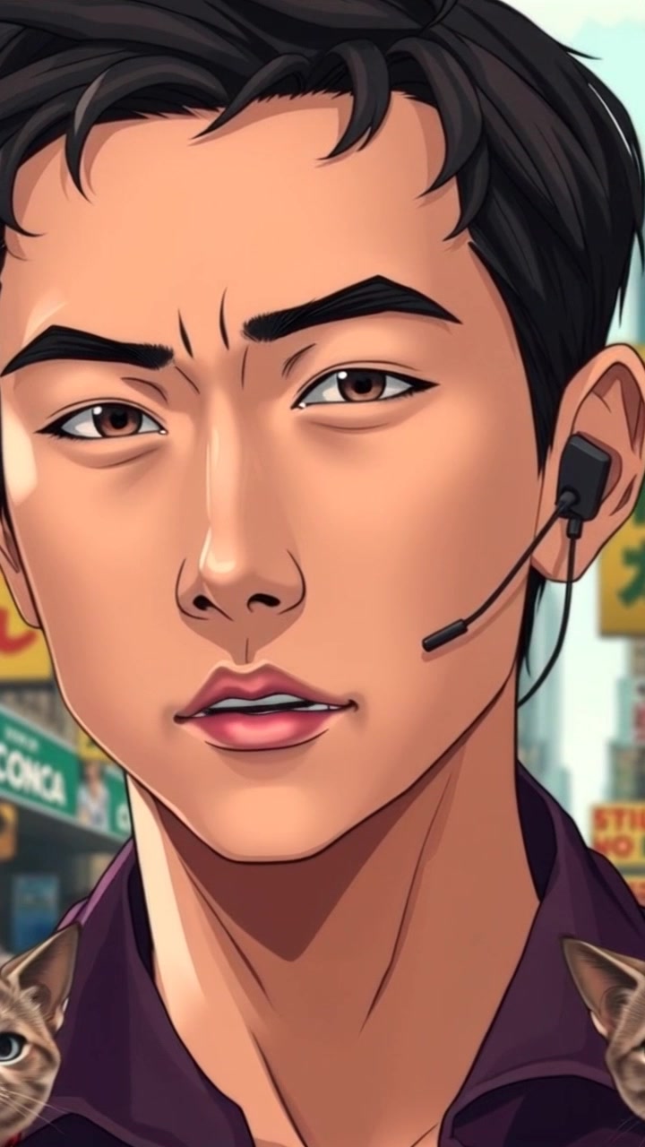 Subject: A close-up of a determined man’s face wearing a high-tech earpiece. Scene: Set against a blurred city backdrop, conveying a sense of urgency and purpose. Style: Ambient city lights creating a soft glow, highlighting the intensity in his expression. Motion: The camera slowly pushes in on his face, capturing the nuances of his determination as the blurred cityscape subtly shifts behind him.