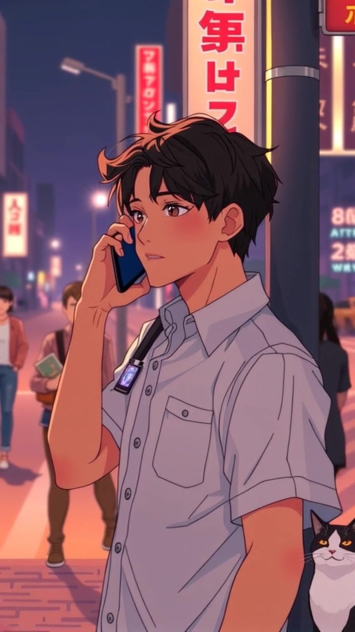 Subject: Ken Ishikawa standing on a bustling street corner. Subject movement: He gestures subtly as he speaks softly into his neural implant, the glowing city lights reflecting off his features. Scene: A vibrant urban backdrop illuminated by neon signs and street lights, creating a lively atmosphere. Style: Evening light with a mix of cool and warm hues from the glowing lights. Motion: The camera begins with a close-up of Ken’s face, then smoothly pulls back to reveal the vibrant street scene around him, capturing the energy of the city.