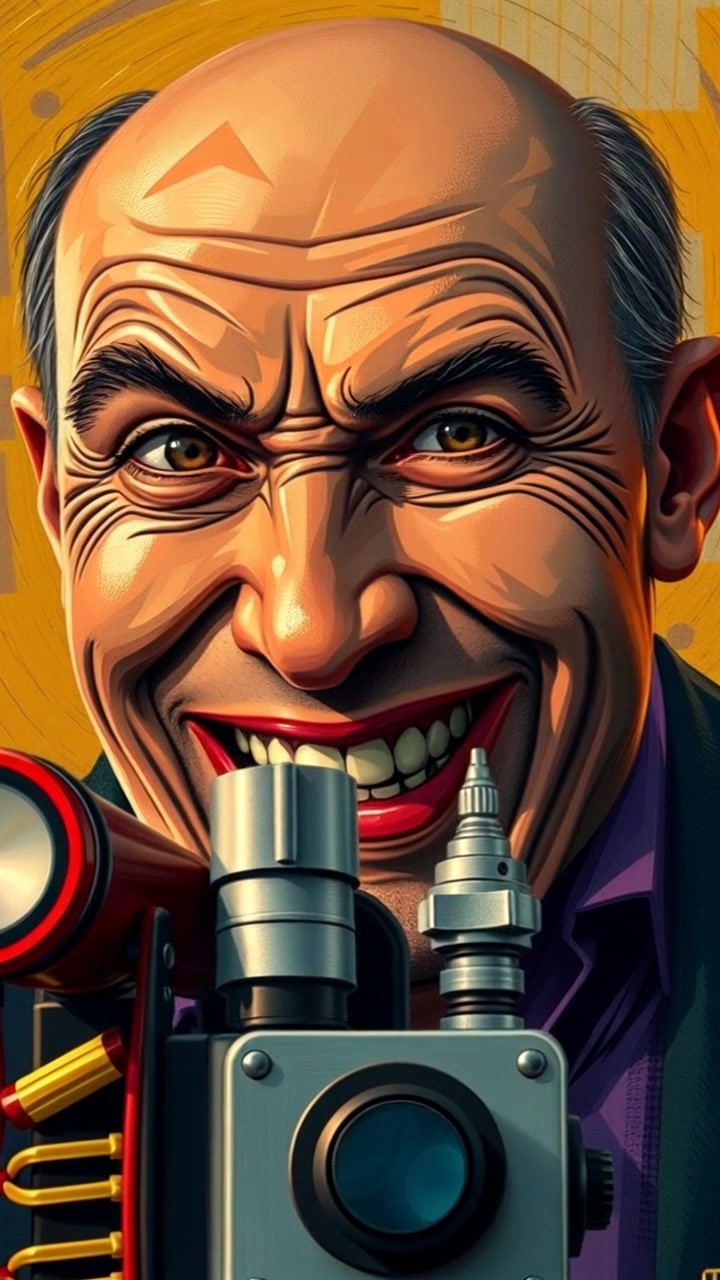 Subject: A man with a twisted grin, eyes gleaming with mischief as he activates a mysterious device. Scene: Close-up of the man's face in a dimly lit, cluttered room filled with enigmatic gadgets. Motion: The camera slowly pushes in on the subject's expression, capturing the intensity of the moment, while flickering shadows dance across the walls, adding an ominous atmosphere.