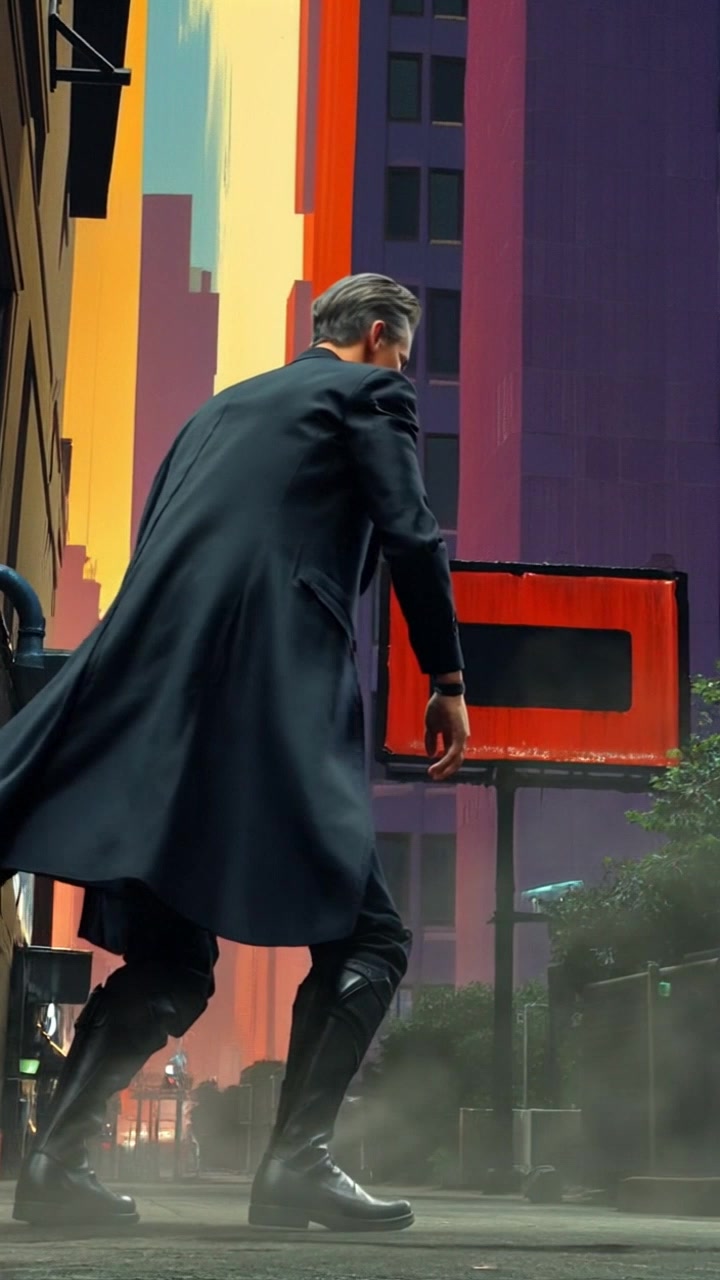 Subject: A fierce individual landing in Gotham City. Subject movement: The figure lands powerfully, scanning the surroundings with intensity. Scene: Gotham City at night, illuminated by the glow of neon lights and the shadows of towering buildings. Style: Moody lighting with a dramatic contrast between light and dark. Motion: The camera pushes in as the character touches down, capturing the moment with a low-angle shot that enhances their imposing presence against the gritty urban backdrop.