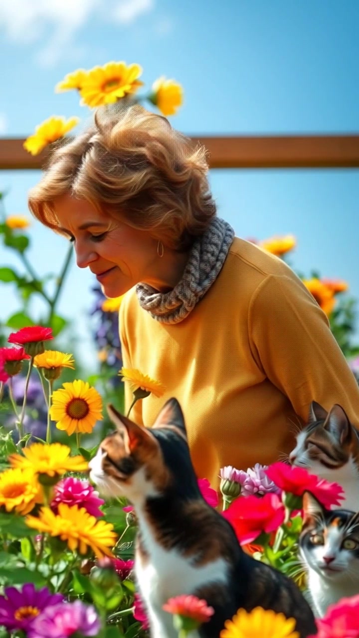Subject: A woman enjoying her blooming garden. Subject movement: She gently bends to smell the flowers, then stands tall with a content smile. Scene: A vibrant garden filled with colorful blooms under a clear blue sky, with soft, lush greenery surrounding the woman. Style: Bright, natural daylight illuminating the scene with vivid colors. Motion: Camera begins with a close-up of the flowers, then pans smoothly to reveal the woman immersed in her garden, capturing the beauty of both her and the surroundings.