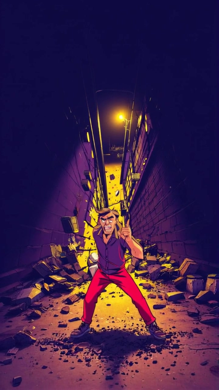 Subject: A man shouting aggressively. Scene: Dark alley filled with scattered debris and dim lighting, evoking a sense of tension. Motion: The camera performs a dramatic panning shot, following the man's movement as he stirs up debris with his aggressive gestures, capturing the intensity of his outburst as shadows loom around him. Lighting: Harsh, contrasting shadows with sporadic highlights from distant streetlights create an ominous atmosphere.