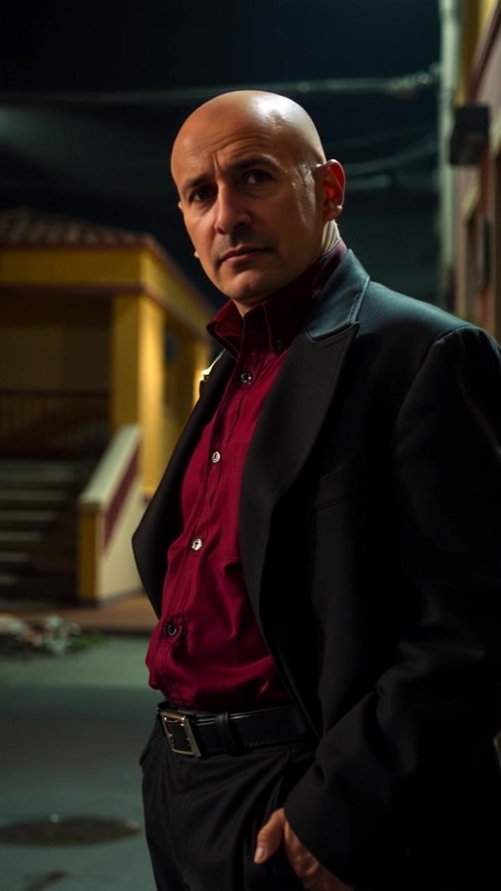 Subject: A figure named Carlos stands confidently in a dimly lit alley. Subject movement: Carlos surveys the surroundings, shifting his weight subtly, with a sinister sneer on his face. Scene: A shadowy alley with brick walls, scattered debris, and faint streetlight illuminating Carlos's features. Style: Moody lighting with contrasting shadows creating a tense atmosphere. Motion: The camera slowly circles around Carlos, capturing his expression as the shadows play across his face, enhancing the sense of intrigue and menace.