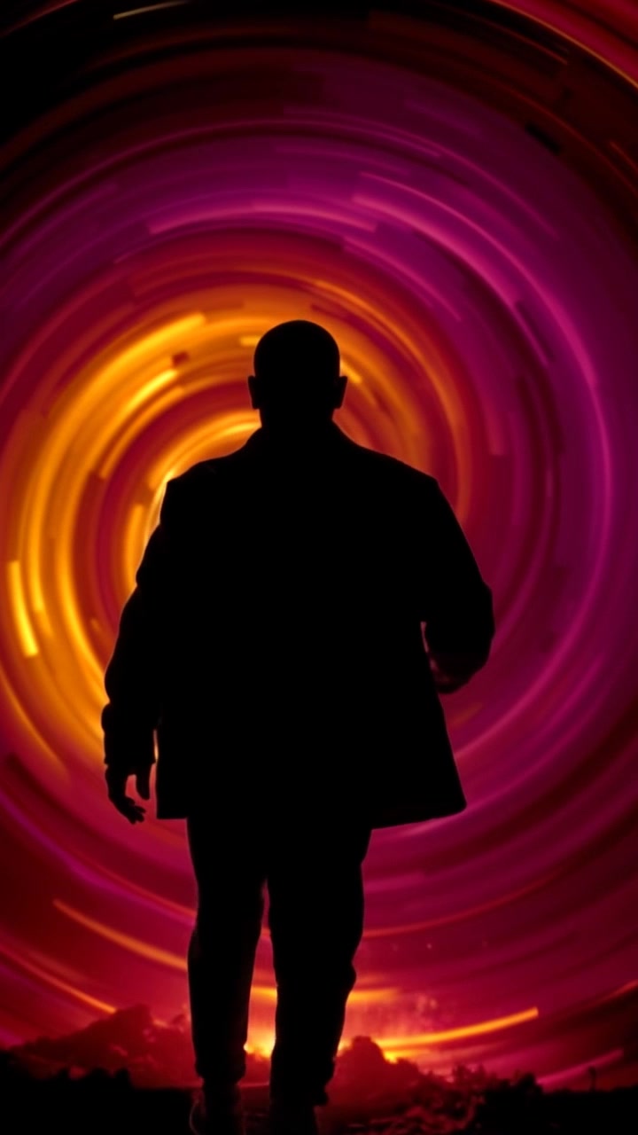 Scene: A shadowy silhouette of a figure emerging from a swirling portal, surrounded by vibrant, shifting colors. Style: Ethereal lighting with surreal highlights illuminating the edges of the figure and portal. Motion: The camera pushes in dramatically, emphasizing the figure's emergence as the portal's energy pulses and swirls around.