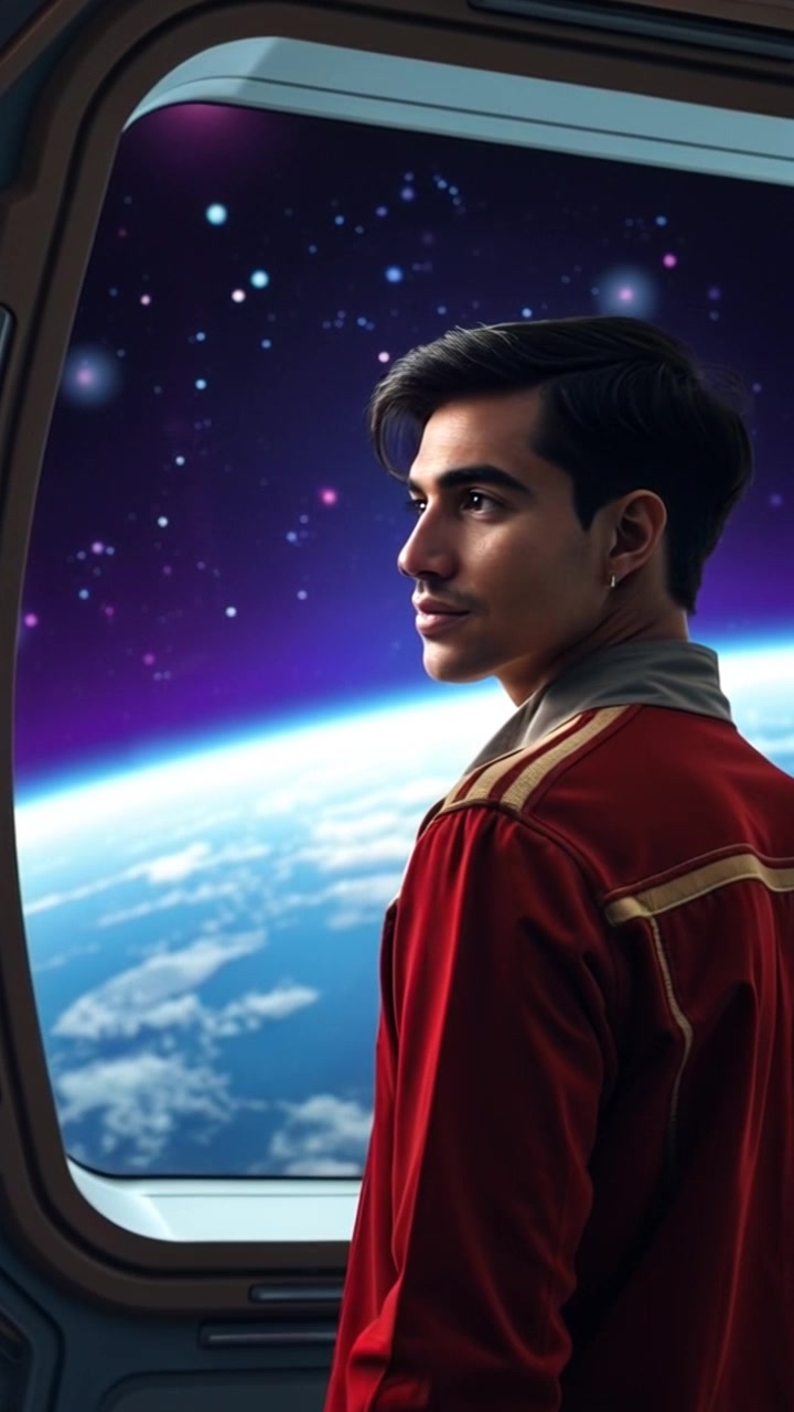 Subject: A contemplative figure standing near a viewport. Subject movement: The figure gazes thoughtfully into the vastness of space, occasionally shifting weight and adjusting posture. Scene: Inside Verona Station, with a panoramic view of shimmering stars and distant galaxies through the large viewport. Lighting: Ambient illumination with soft highlights reflecting off the viewport. Motion: Camera gently pushes in for a close-up on the figure’s expression, capturing the wonder and introspection as they absorb the cosmic scenery.