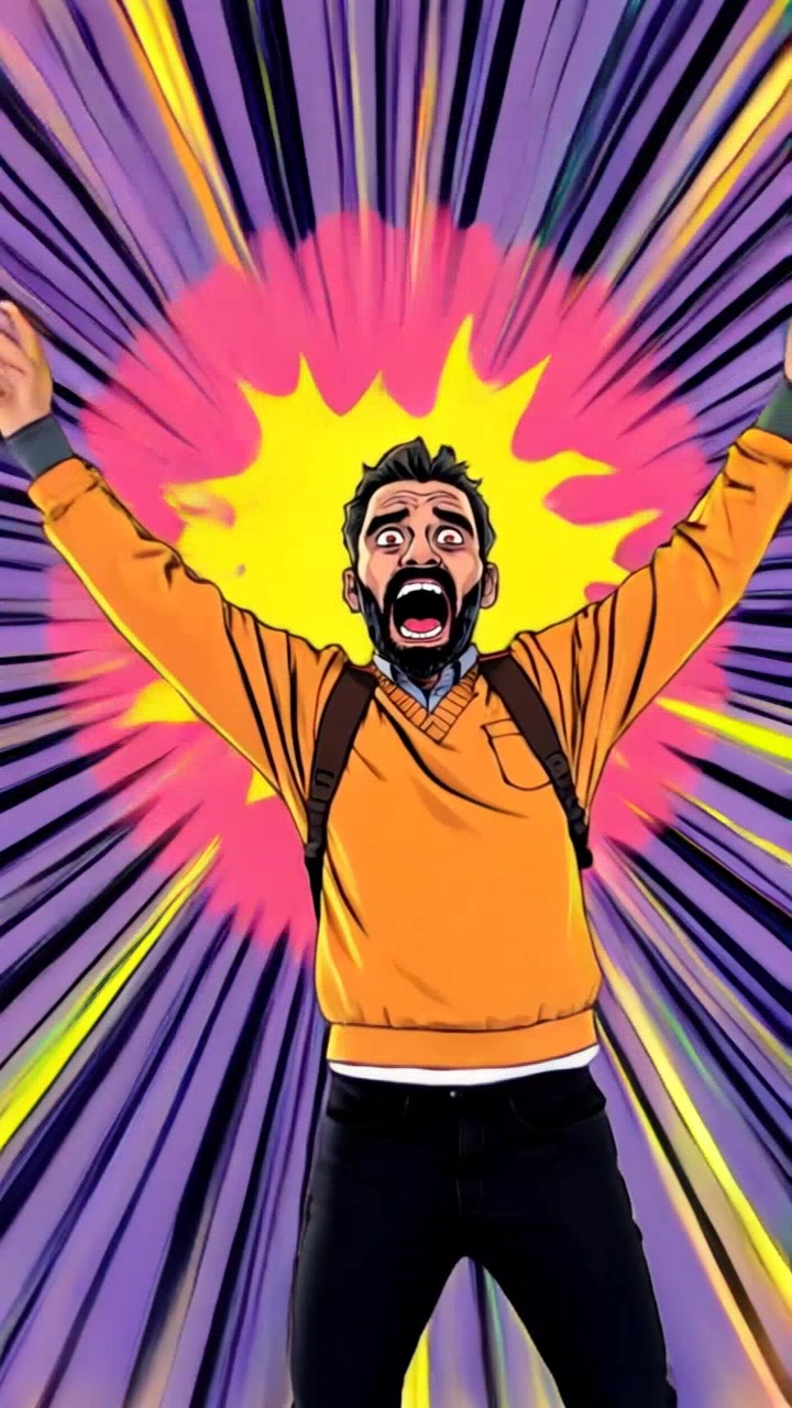 Subject: A person shouting with excitement in front of a glowing portal. Subject movement: They jump joyfully, arms raised as vibrant colors swirl around them. Scene: A fantastical landscape with a swirling, colorful portal emitting a warm glow, surrounded by abstract shapes and patterns. Style: Bright and energetic lighting illuminating the scene with dynamic contrasts. Motion: The camera performs a dramatic push-in toward the person, capturing their elation, then spins around to take in the mesmerizing flow of colors emanating from the portal.