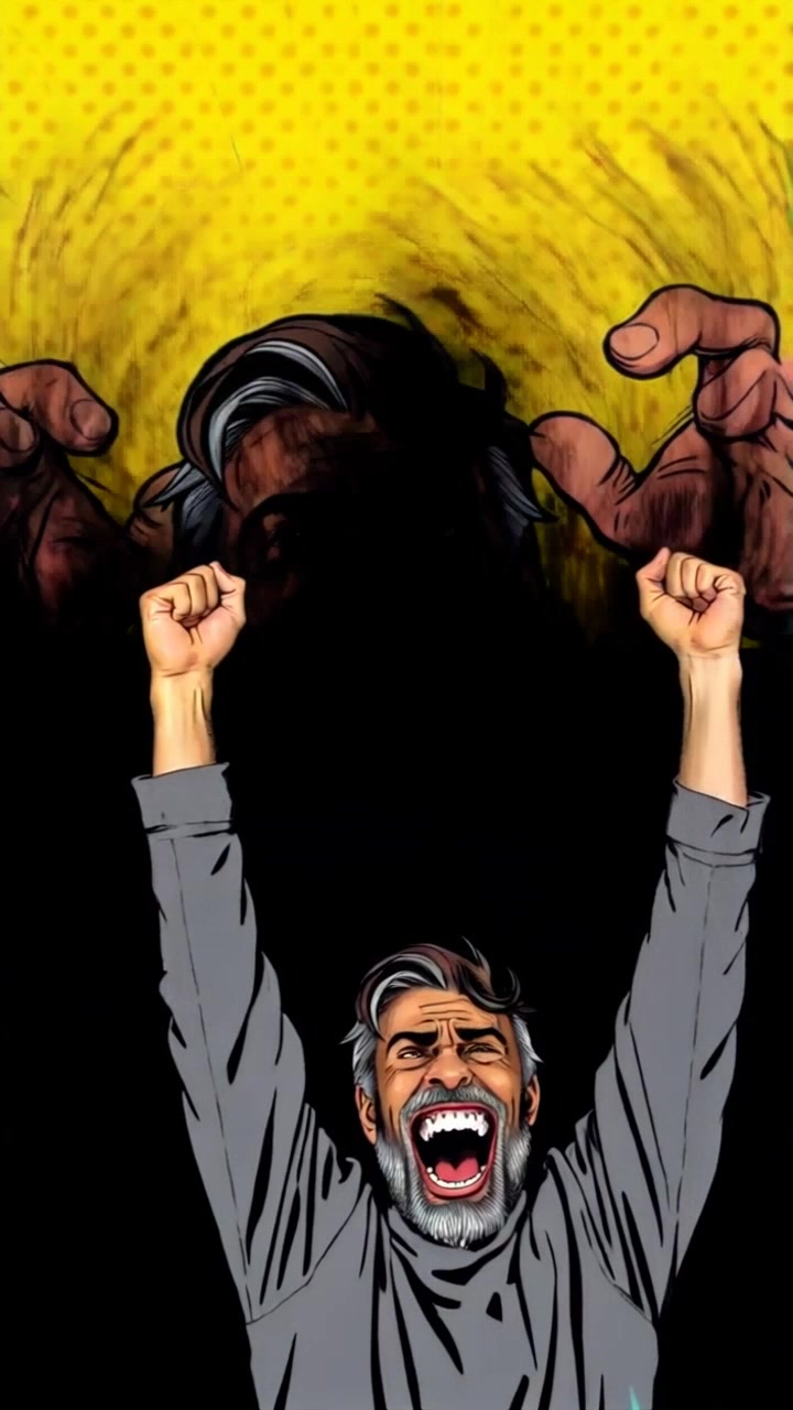 Subject: A man laughing maniacally, eyes gleaming with mischief as he raises his arms in triumph. Scene: Dark, moody background filled with swirling shadows, enhancing an atmosphere of chaos and excitement. Style: Dramatic lighting that emphasizes the contours of his face, casting striking highlights and deep shadows. Motion: Camera pushes in on the man's face as he laughs, capturing the intensity of his expression, before pulling back slightly to showcase his full arm movements, enveloped in a sense of playful madness.