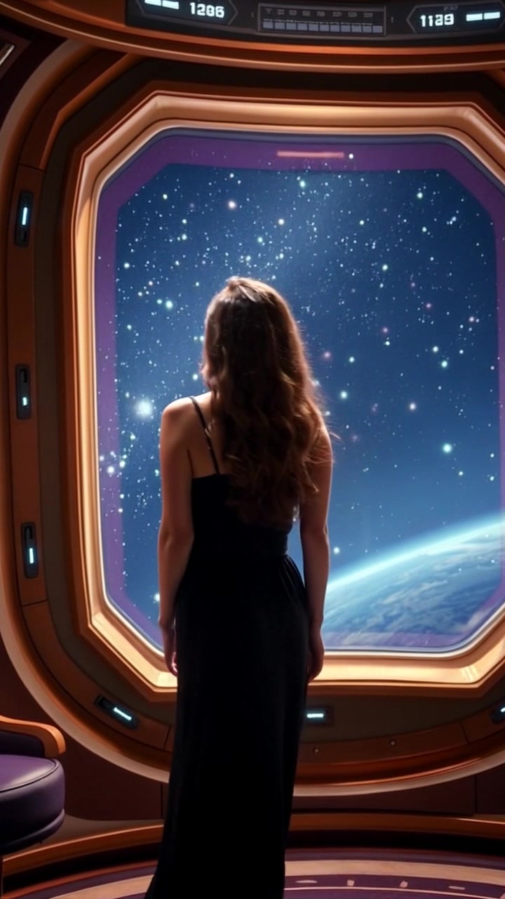 Subject: Maya standing in a luxurious room within Verona station. Subject movement: She is gently swaying while gazing out a large window at the stars, lost in thought. Scene: The opulent interior of the room features rich furnishings and elaborate decor, with a stunning view of the night sky visible through the window. Style: Soft, ambient lighting creating a cozy atmosphere, emphasizing the luxury of the setting. Motion: The camera slowly pushes in towards Maya, capturing her contemplative expression, while the shimmering stars outside twinkle in the background.