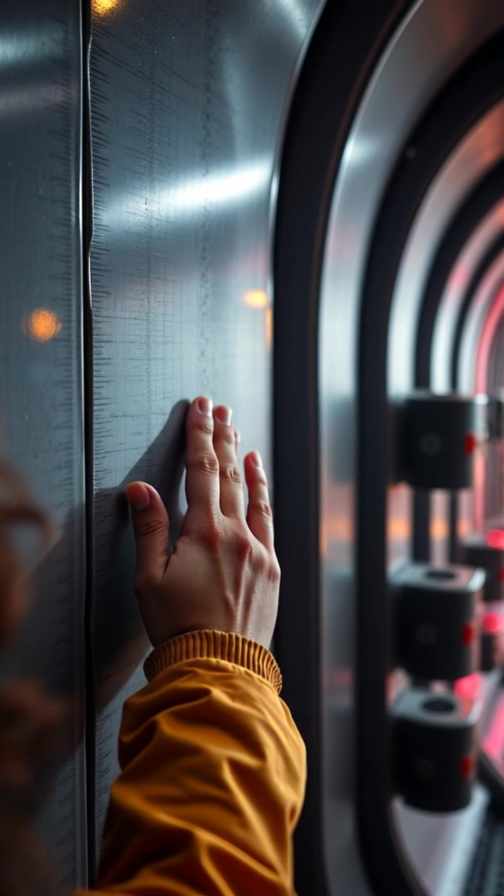 Scene: A close-up of a hand gently touching the cold metal wall of Verona station, the intricate textures and reflections vividly portrayed. Style: Harsh, industrial lighting casting dramatic shadows on the surface, emphasizing the chill of the environment. Motion: The camera slowly pulls back to reveal the hand in focus before the station’s expansive interior unfolds, showcasing the sleek lines and architectural details.