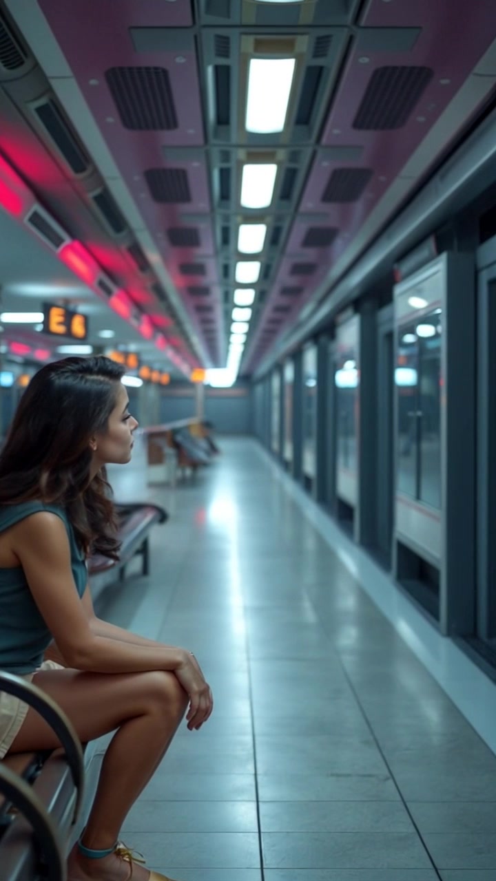 Subject: A contemplative figure named Maya sitting on a bench. Subject movement: Maya gazes thoughtfully at the ground, occasionally shifting her weight as she ponders. Scene: An empty corridor inside Verona station, characterized by its high ceilings and muted colors, with tiled flooring and distant echoes of train announcements. Style: Soft ambient lighting with a warm glow that enhances the serene atmosphere. Motion: The camera slowly glides forward, capturing Maya's subtle expressions and the corridor's architectural details.
