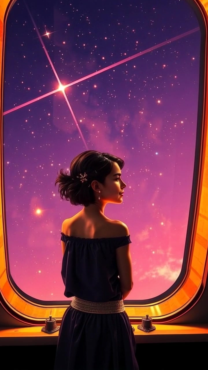 Subject: Laila Capulet standing by a large window. Subject movement: She gazes thoughtfully out at the stars, her silhouette outlined against the soft glow of the celestial display. Scene: Inside Verona Station, a modern interior contrasted with a panoramic view of the night sky filled with twinkling stars. Style: Ambient lighting from the window creates a serene atmosphere, highlighting Laila's contemplative expression. Motion: The camera slowly pushes in towards Laila, capturing her tranquility and the vastness of the cosmos beyond.