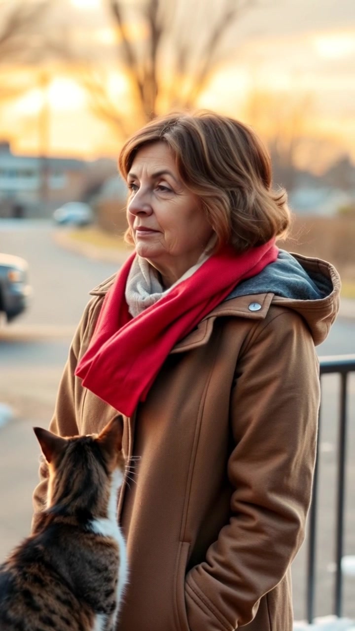 Subject: A woman named Susan standing outside in a chilly morning. Subject movement: She shifts her weight slightly, adjusting her warm jacket while watching a cat play nearby. Scene: Outside on a brisk morning in a suburban setting, with trees gently swaying in the background as sunlight peeks through the branches. Style: Soft morning light casts a cool, serene atmosphere across the scene. Motion: The camera slowly pans around Susan, capturing her contemplative expression as the cat frolics in the foreground.