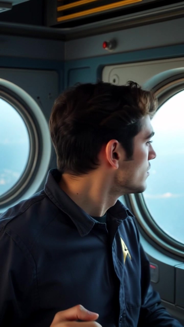 Scene: A technician in disguise, Mateo Montague, standing on the balcony of Montague Station, glancing cautiously over the railing. Style: Cool, industrial lighting with a hint of tension in the atmosphere. Motion: Camera pushes in slowly to capture Mateo's furtive expression, then pans out to reveal the sprawling station below, enhancing the sense of surveillance and intrigue.
