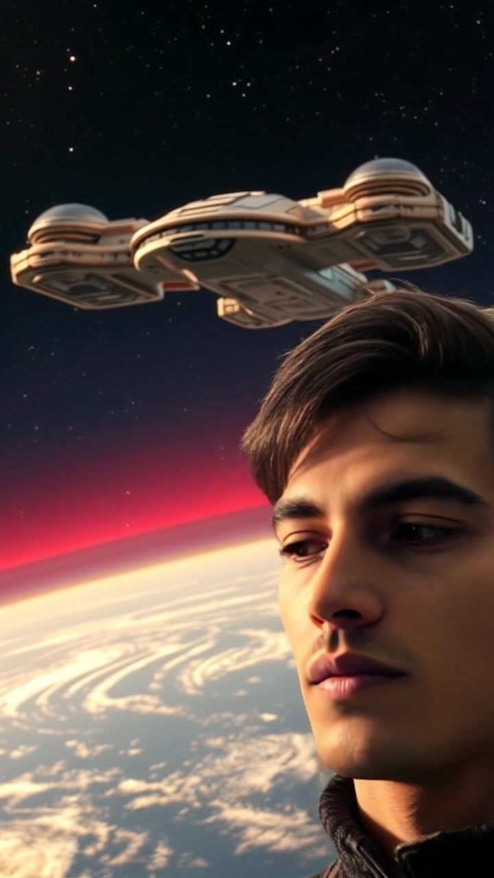 Scene: A distant view of two futuristic space stations, Verona and Montague, orbiting a dying Earth, bathed in the stark emptiness of space. Style: Cold lighting with a blue and grey color palette, creating a sense of isolation and desolation. Motion: The camera slowly pushes in, revealing intricate details of the space stations while offering a glimpse of the deteriorating planet below.