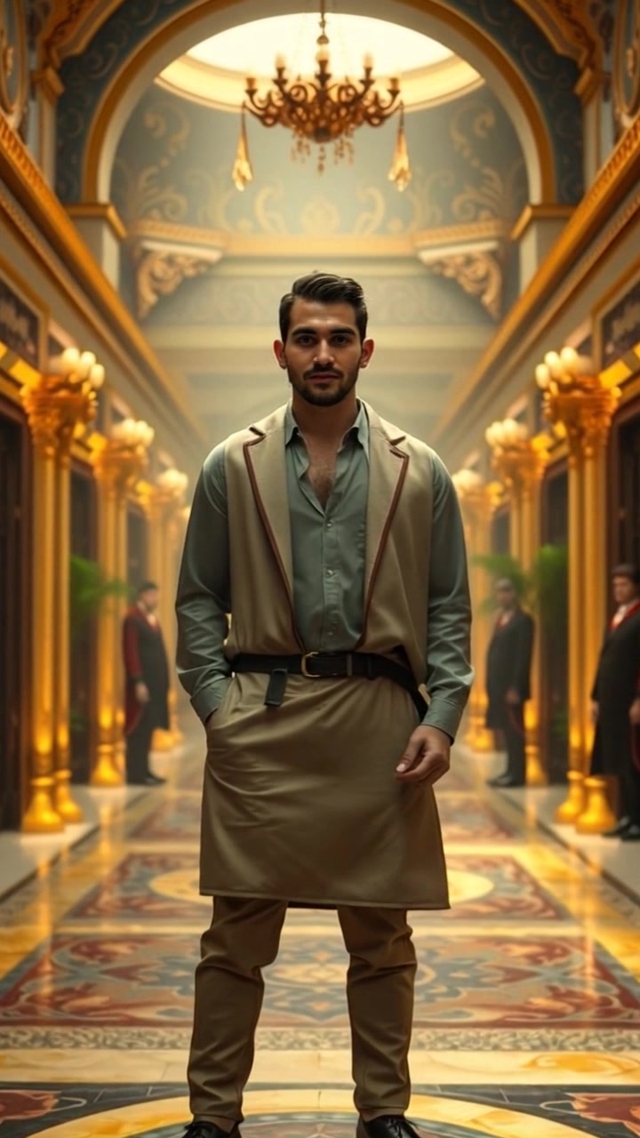 Subject: Amir standing proudly in a lavish courtyard. Scene: A grand courtyard adorned with intricate gold decor, with opulent architectural details and elegant servants attending nearby. Style: Bright, midday light enhances the luxurious ambiance, giving the gold details a radiant glow. Motion: The camera slowly pushes in towards Amir, capturing his confidence amidst the lavish surroundings, while a gentle breeze rustles the fabric of his attire.