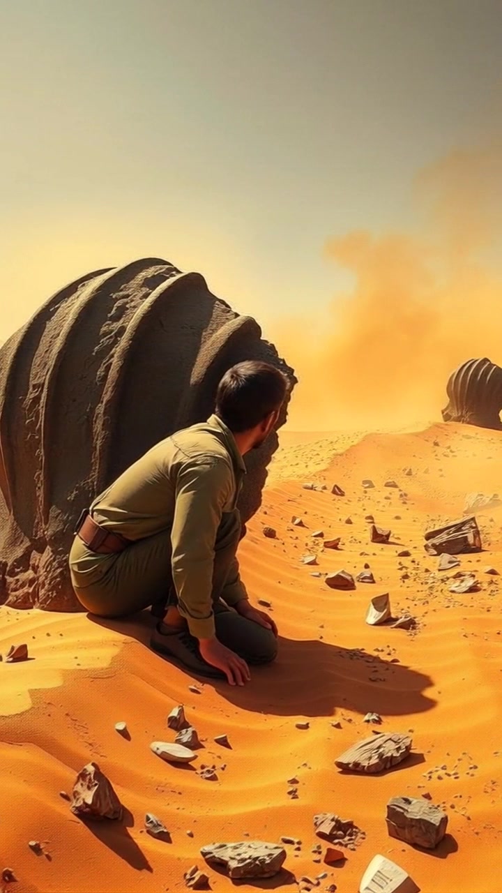 Subject: A figure crouching behind a large rock. Subject movement: The figure remains still, observing the horizon. Scene: A sandy path with a distant dust cloud approaching, set against a clear blue sky. Style: Bright daylight with sharp contrasts casting strong shadows on the sand. Motion: The camera slides gently forward along the sandy path, maintaining focus on the crouched figure, while the dust cloud gradually expands in the distance.