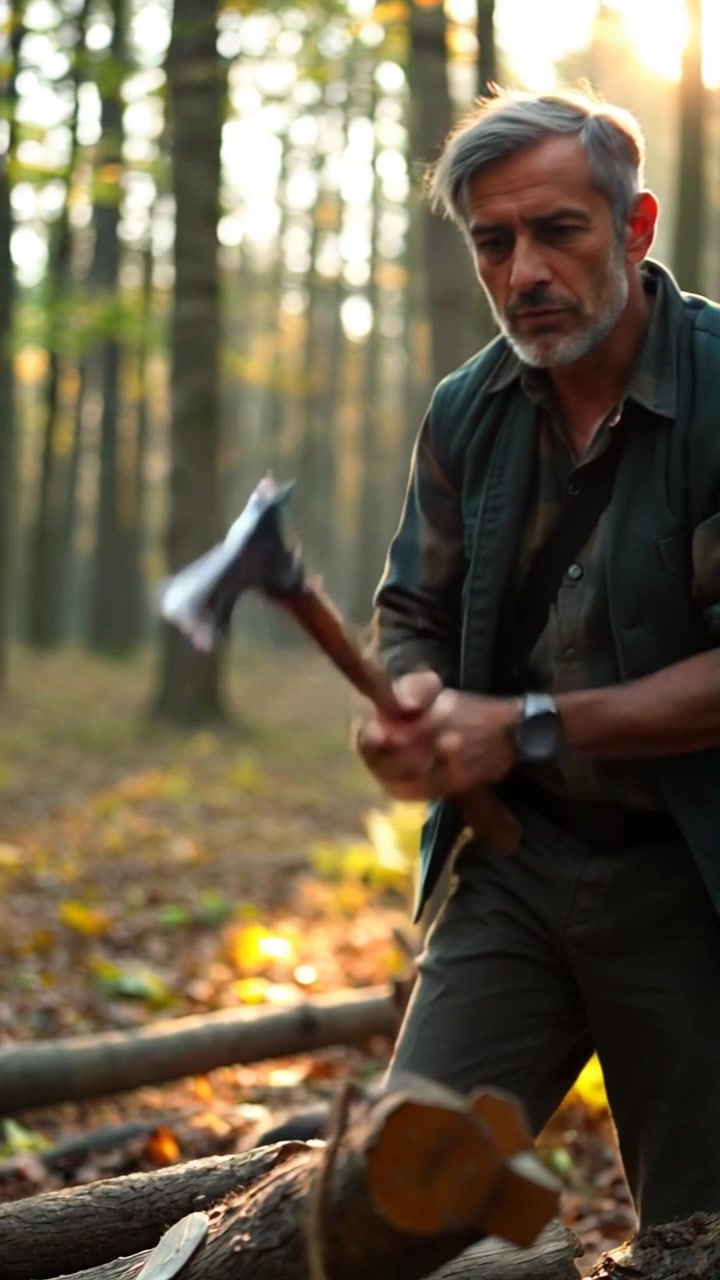 Subject: A person chopping wood. Subject movement: The figure swings the axe down with purpose, splitting the log in half, then raises the axe again for another strike. Scene: A serene forest enveloped in sunlight, with dappled light filtering through the trees and the forest floor covered in fallen leaves. Lighting: Soft, warm sunlight illuminating the scene with a golden hue. Motion: The camera performs a smooth tracking shot, moving in closer to capture the determined expressions and motion of the axe while panning around to reveal the tranquil beauty of the forest.