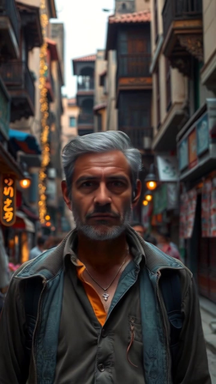 Subject: A man named Omar walking steadily along a narrow street in a bustling Persian town. Scene: Traditional Persian architecture surrounds him, with vibrant market stalls lining the path, filled with colorful merchandise and lively chatter. Motion: The camera tracks alongside Omar fluidly as he navigates through the crowd, capturing the energetic atmosphere of the town, while warm afternoon sunlight enhances the vivid colors of the scene.