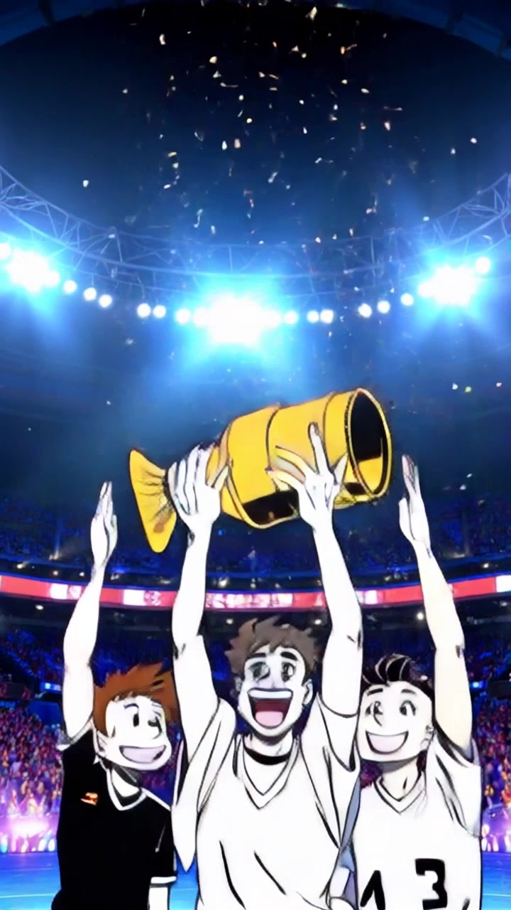 Subject: A group of victorious athletes celebrating together. Subject movement: The teammates raise the championship trophy triumphantly above their heads, faces beaming with joy. Scene: A vibrant sports arena filled with cheering fans, colorful banners, and confetti raining down. Style: Bright stadium lights casting energetic, dynamic shadows. Motion: The camera performs a circular dolly move around the team, capturing their ecstatic expressions from multiple angles while the crowd erupts in celebration.