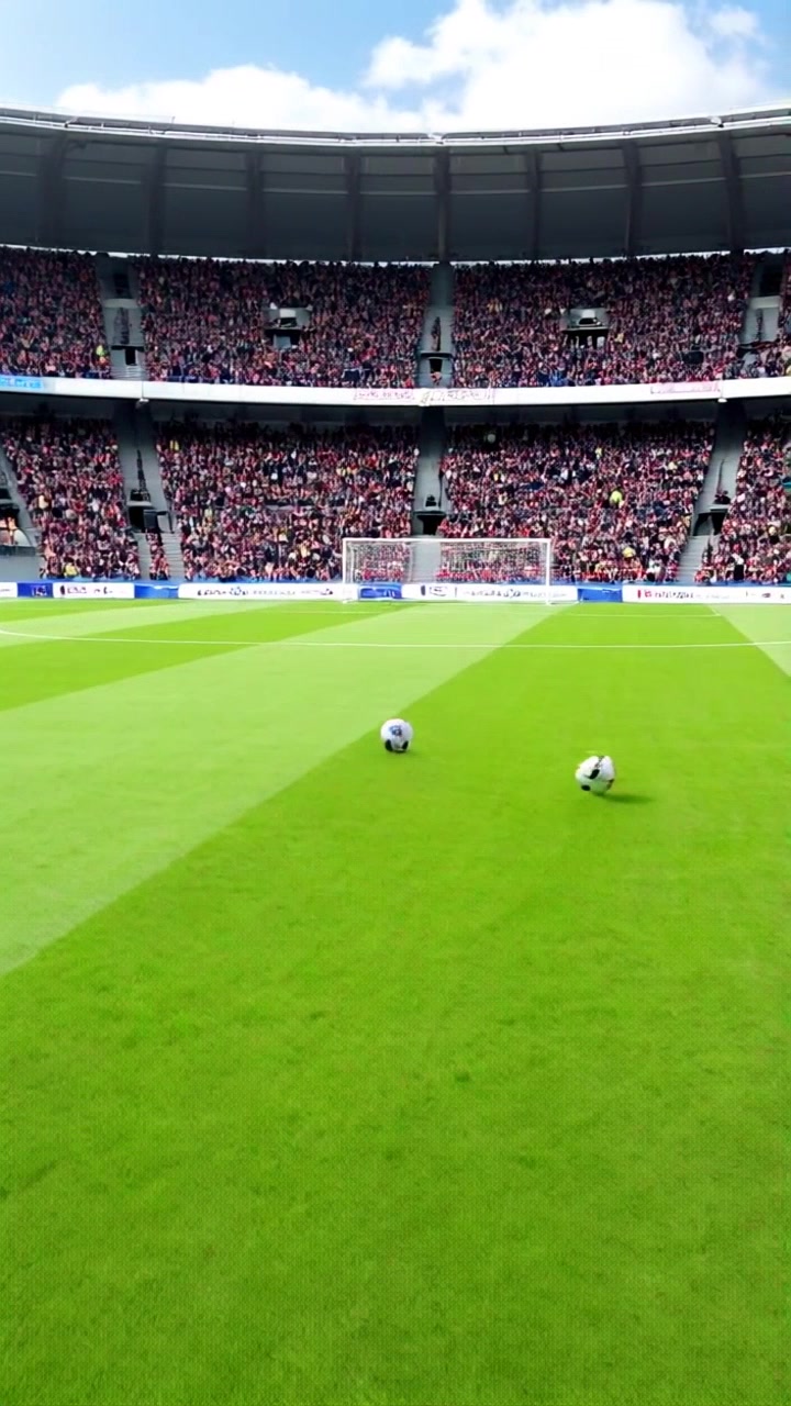 Subject: A soccer ball soaring through the air. Subject movement: The ball flies towards the goal as the goalie stretches out, making a desperate save. Scene: A soccer field with an excited crowd, bright green grass contrasting with the white goalposts. Style: Bright daytime lighting emphasizing the clarity of the action. Motion: Camera follows the ball in a dynamic tracking shot from behind, capturing the tense moments as it arcs toward the goal, then transitions to a close-up of the goalie’s outstretched hand.