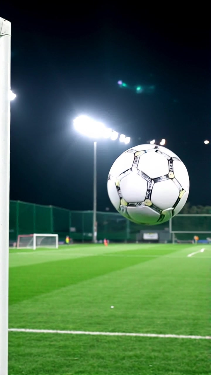 Subject: A soccer ball striking the goal post with force. Subject movement: The ball ricochets off the goal post while the player turns in excitement. Scene: A vibrant soccer field under bright stadium lights, with the goal post prominently in the foreground. Style: Nighttime lighting with vivid highlights illuminating the field. Motion: Camera begins with a close-up of the ball hitting the post, then tracks swiftly around the player, capturing the joy and energy of the moment.