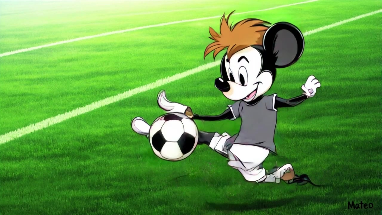 Subject: Mickey skillfully kicking a soccer ball toward the goal. Subject movement: Mickey's foot connects with the ball, sending it soaring forward as teammates cheer exuberantly. Scene: A vibrant green soccer field, filled with enthusiastic teammates in the background. Style: Bright, midday sunlight illuminating the field with sharp shadows. Motion: A dynamic handheld camera captures Mickey's action, following the ball's trajectory as it speeds toward the goal.