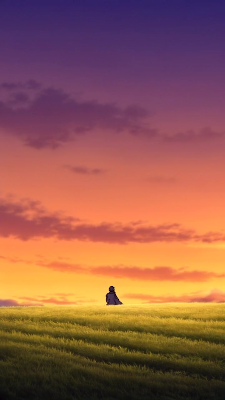 Subject: A man in surprise, staring intently at a larger figure in the distance. Scene: An open field at twilight, with soft grass underfoot and fading light coloring the sky in hues of orange and purple. Motion: The camera begins with a tight shot on the man's facial expression, then pulls back smoothly to reveal the larger figure in the background, heightening the sense of anticipation. Lighting: Twilight ambiance with warm highlights on the man's face, enhancing the dramatic atmosphere.
