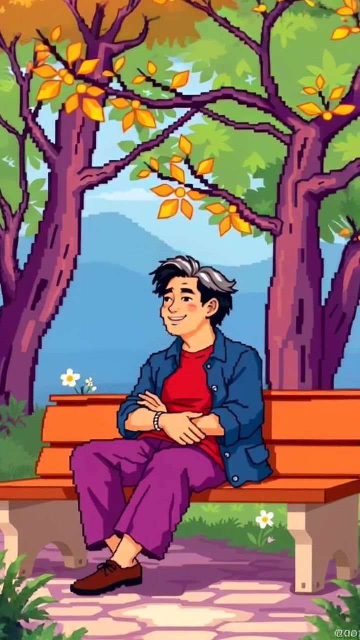 Subject: A person sitting on a bench, surrounded by lush greenery. Subject movement: The person shifts slightly and smiles thoughtfully at their surroundings. Scene: A serene natural setting with vibrant trees and a meandering path in the background. Style: Gentle morning light illuminating the scene, creating a warm and inviting atmosphere. Motion: The camera begins with a close-up on the person’s relaxed expression, then slowly pulls back to reveal the tranquil landscape, emphasizing the sense of calm.