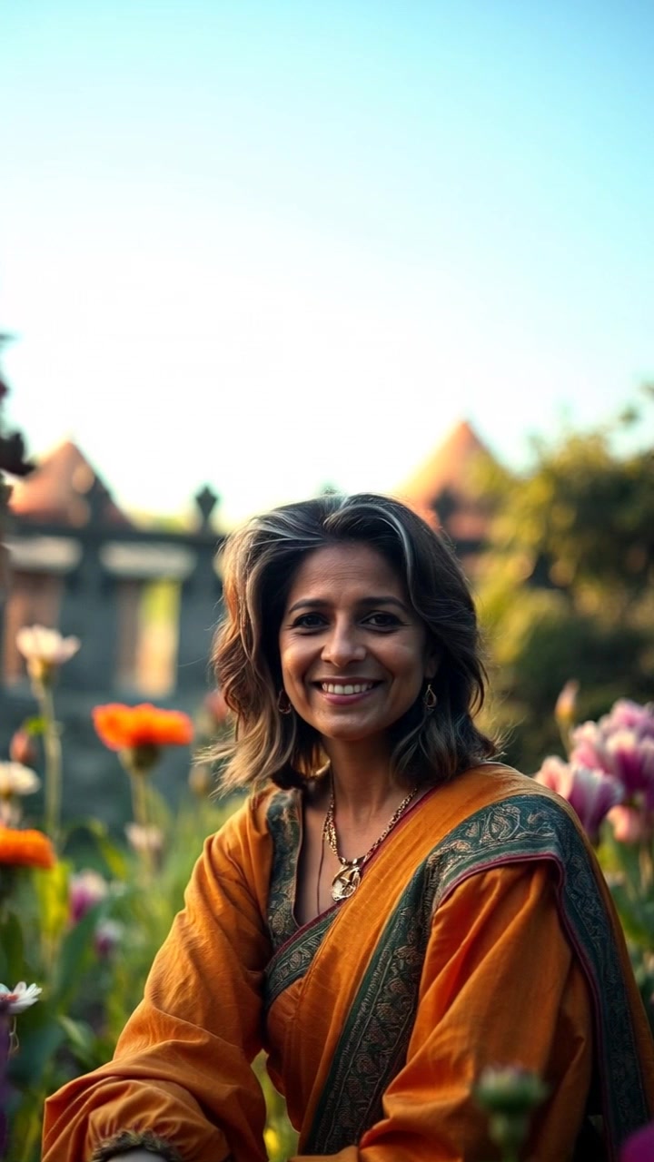 Subject: Asha sitting in a vibrant garden, surrounded by a variety of colorful flowers, displaying a serene smile. Scene: Lush garden bursting with blooming flowers and greenery, set under a clear blue sky. Motion: The camera gently pushes in on Asha, capturing her joyful expression as the flowers sway lightly in a soft breeze. Lighting: Bright, natural sunlight illuminating the scene with a warm glow, enhancing the tranquil atmosphere.