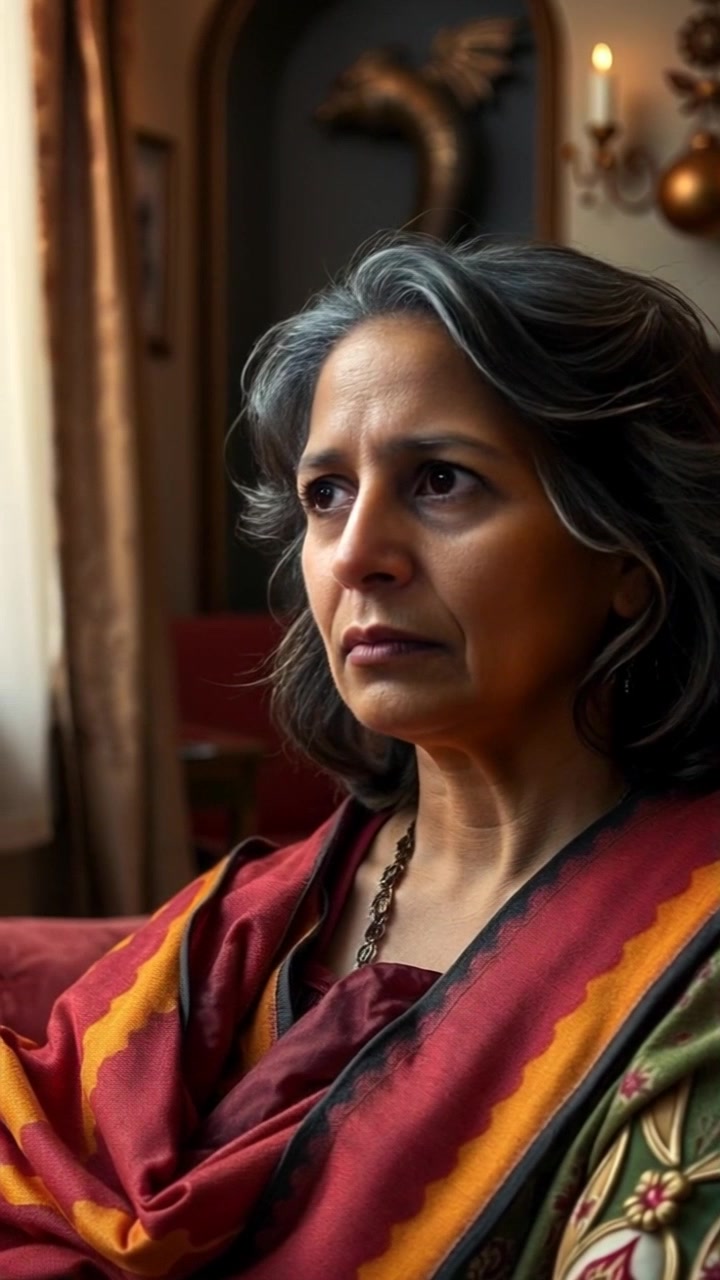 Subject: Asha appears worried, sitting in her living room with a distant gaze. Scene: Warmly decorated living room filled with soft light filtering through sheer curtains, casting gentle shadows on the walls. Motion: The camera slowly zooms in on Asha's face, capturing the tension and concern in her expression, while the background softly blurs, emphasizing her emotional state.