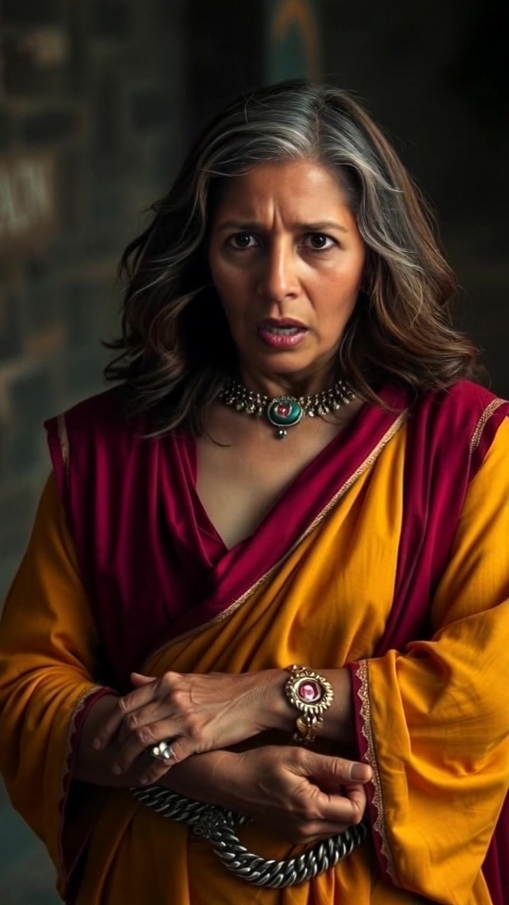 Subject: Asha, her expression one of horror, hands tightly clasped together in fear. Scene: A dimly lit room filled with shadows, hinting at something ominous. Motion: Camera slowly pushes in on Asha's face, capturing the intensity of her fear, as ambient light flickers to emphasize the tension, creating a suspenseful atmosphere.