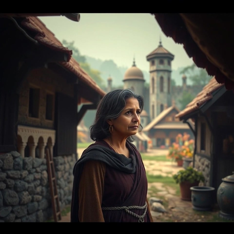 Subject: Asha standing outside a modest home. Subject movement: She gazes thoughtfully towards the village market, her posture relaxed yet contemplative. Scene: Asha standing before a rustic home, with the bustling village market visible in the distance, filled with stalls and foliage. Style: Soft morning light illuminating the scene, creating an inviting atmosphere. Motion: The camera gently pushes in from a distance, capturing Asha's expression and the lively market beyond, gradually revealing the details of the environment.