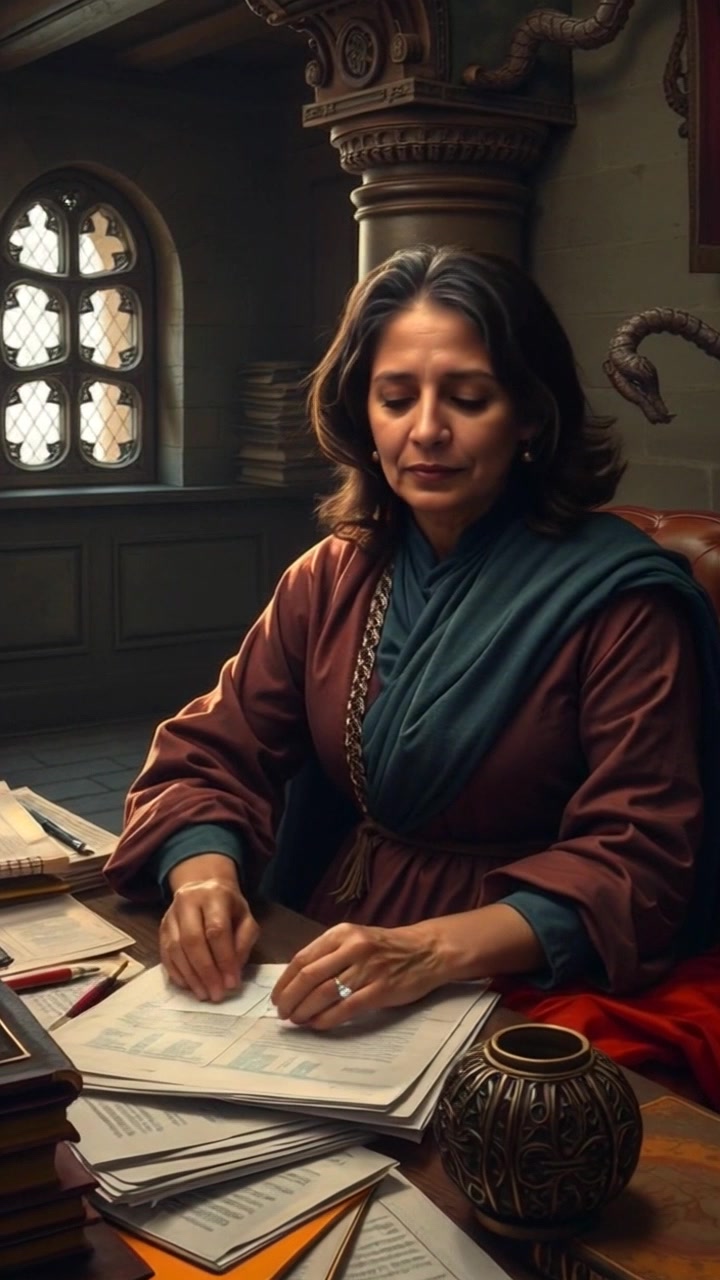 Subject: Asha sitting at a desk cluttered with papers. Subject movement: Asha thoughtfully organizes the papers in front of her while occasionally glancing out the window, lost in contemplation. Scene: A cozy, warmly-lit study with bookshelves lining the walls and a soft glow from a desk lamp. Motion: The camera gently pushes in on Asha's focused expression, then shifts to a close-up of her hands as she sorts through the papers, capturing the intimate atmosphere of her creative space.