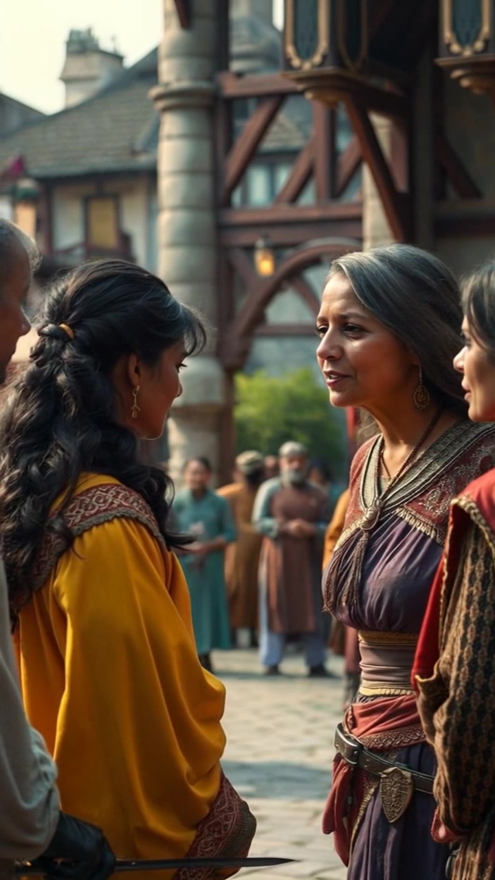 Subject: Asha engaging with a group of townsfolk in a village square. Subject movement: Asha leans slightly forward, actively listening, while the townsfolk gesture animatedly as they express their concerns. Scene: A vibrant village square filled with rustic charm, surrounded by quaint houses and lively market stalls. Style: Bright, midday lighting creates a cheerful atmosphere, highlighting the interactions and community spirit. Motion: The camera gently moves in a wide arc around the group, capturing their expressions and emphasizing the sense of community and dialogue.