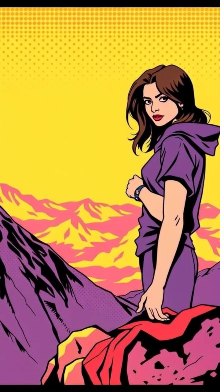 Subject: A person standing on a mountain top. Subject movement: They stand confidently, gazing out over the valley, embodying a sense of determination. Scene: An expansive mountain top overlooking a vast, lush valley below, with rugged peaks in the distance. Style: Golden-hour lighting casts a warm, inviting glow across the landscape, enhancing the dramatic shadows of the mountains. Motion: A slow, steady camera push-in that emphasizes the scale of the scene, capturing both the subject's resolute posture and the breathtaking view stretching far into the horizon.