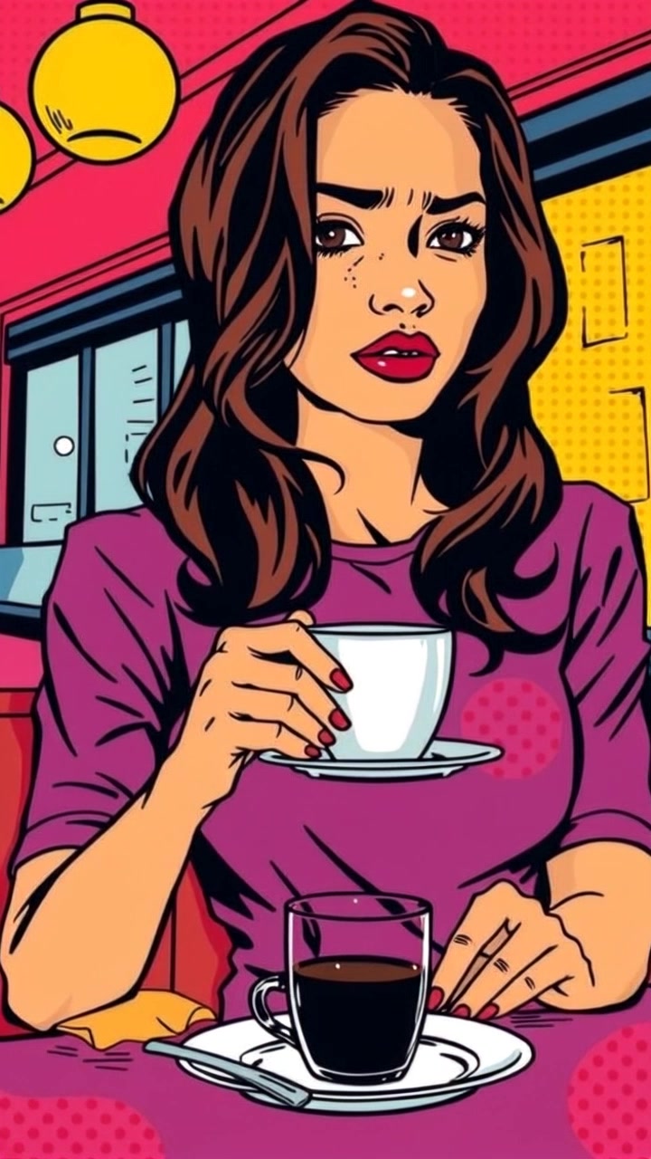 Subject: A young woman looking conflicted, seated at a café table, gazing intently at her cup of coffee. Subject movement: She shifts her gaze between the cup and her surroundings, fidgeting with her hands. Scene: A cozy café with warm wooden accents and soft ambient light filtering through large windows. Motion: Camera slowly pushes in to capture her expression, then gently pans to reveal the inviting atmosphere of the café, accentuated by the soft rustle of patrons and the aroma of coffee in the air.