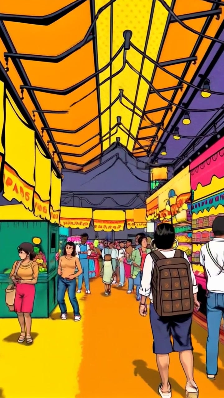 Scene: A vibrant market bustling with energy, colorful stalls filled with fresh produce and handmade goods, crowds of people chatting and moving about. Style: Bright, midday sunlight illuminating the vibrant colors of the market, creating a lively atmosphere. Motion: The camera glides smoothly through the market, weaving between stalls and people, capturing the lively interactions and vivid details of the scene.