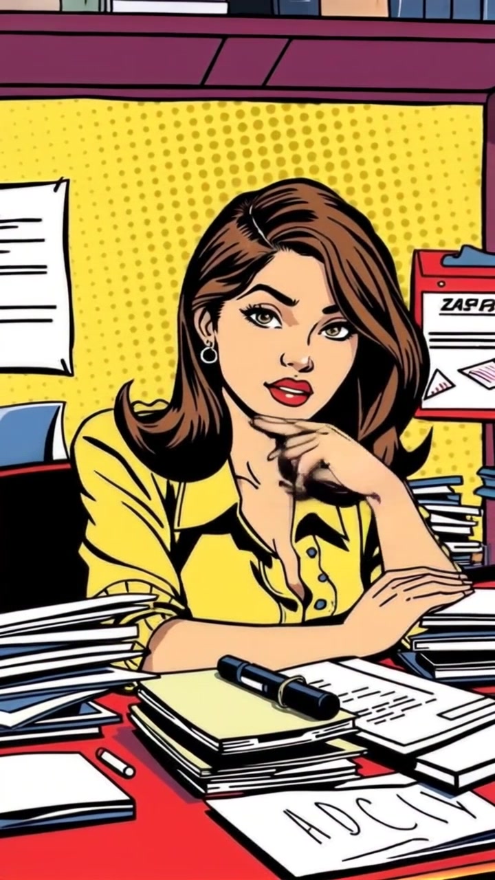 Subject: A young woman sitting at a cluttered desk covered in papers and books. Subject movement: She is leaning forward with a focused expression, occasionally gesturing with her hands as she brainstorms ideas. Scene: A warm, intimate study illuminated by ambient lighting, surrounded by tall bookshelves filled with volumes. Motion: The camera gently zooms in to capture her expressions and movements while panning across the chaotic but creative workspace, emphasizing the sense of determination. Lighting: Soft, warm light enhances the cozy atmosphere, creating a feeling of inspiration and focus.