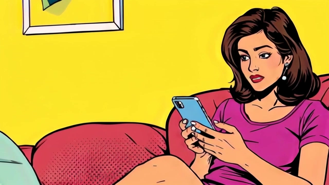 Subject: A person sitting on a cozy sofa. Subject movement: The person scrolls through social media on their phone, occasionally pausing to reflect with a pensive expression. Scene: A warmly lit living room adorned with soft pillows and personal decor, creating an inviting atmosphere. Motion: The camera gently pushes in to capture the person's thoughtful gaze, then pans to the vibrant screen of the phone, illuminating their face in a glow of soft light.