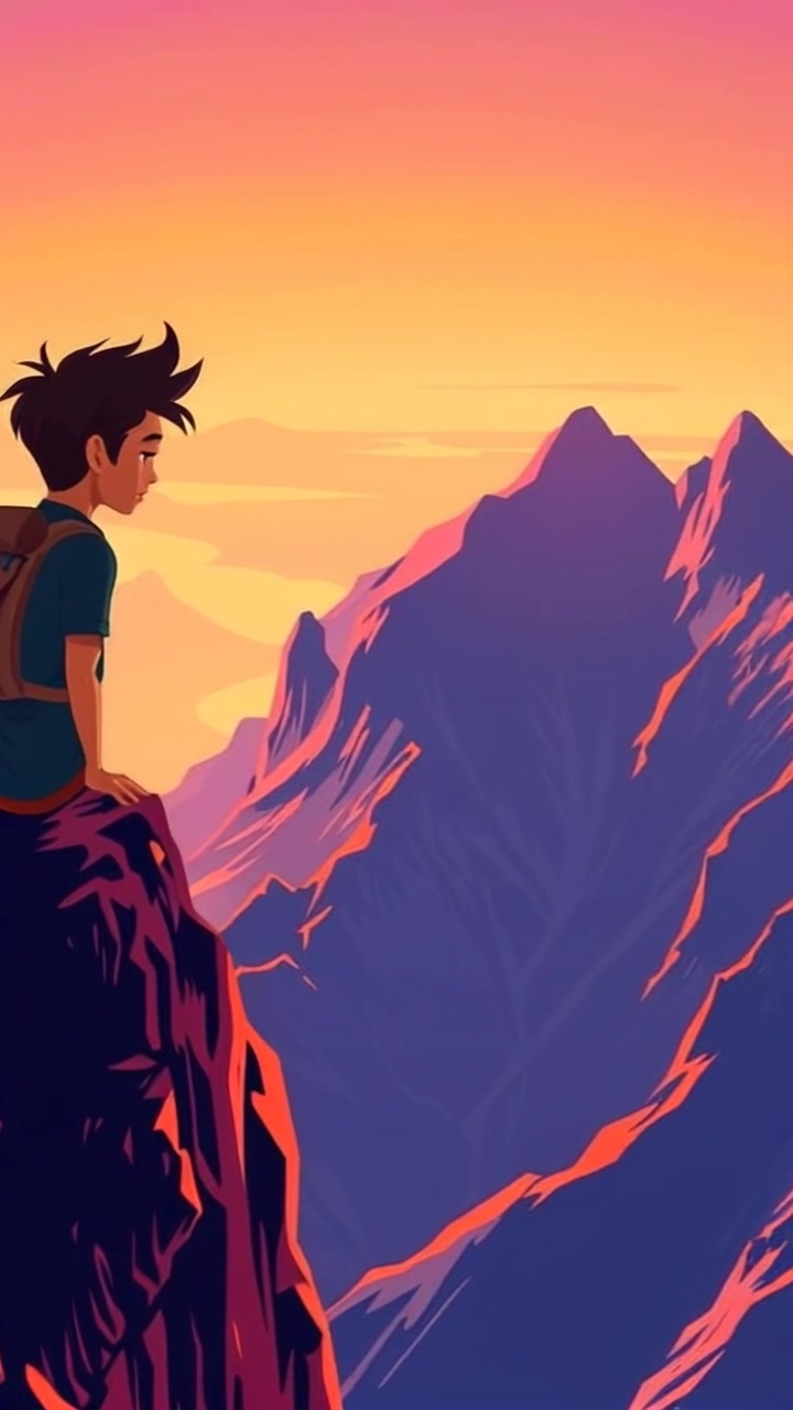 Subject: A mountain climber standing at the edge of a cliff, gazing over an expansive landscape. Subject movement: The climber looks outwards, arms slightly raised as if embracing the view. Scene: A breathtaking mountain range stretching into the distance with a dramatic sky overhead. Style: Early morning light softens the rugged terrain, casting a golden hue across the mountains. Motion: Camera slowly pushes in to create an intimate connection with the climber, capturing the grandeur of the surrounding wilderness.