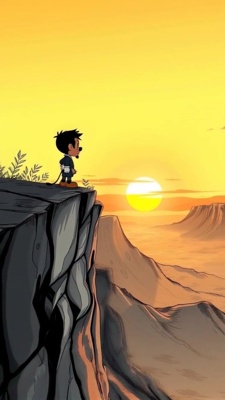 Subject: A figure standing at the edge of a cliff. Subject movement: The figure gazes contemplatively over the vast valley as the winds gently sway their clothing. Scene: A breathtaking sunset casts vibrant hues across the sky, illuminating the valley below. Style: Warm, golden light creating dramatic silhouettes, with soft transitions between colors in the horizon. Motion: The camera begins with a close-up of the figure, then slowly pushes back, revealing the expansive landscape and the stunning interplay of light and shadow.