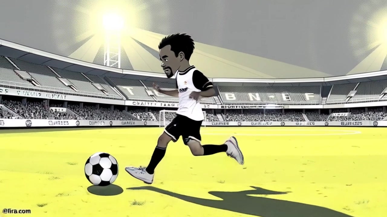 Subject: A young athlete skillfully dribbling a soccer ball. Subject movement: The player moves dynamically across the vibrant green pitch, skillfully weaving the ball between their feet. Scene: Bright stadium lights illuminate the field, with excited crowds in the background adding to the atmosphere. Style: Night lighting creates sharp contrasts, highlighting the player's movements against the bright green background. Motion: A handheld camera tracks closely, following the player as they accelerate forward, capturing the intensity of the game.