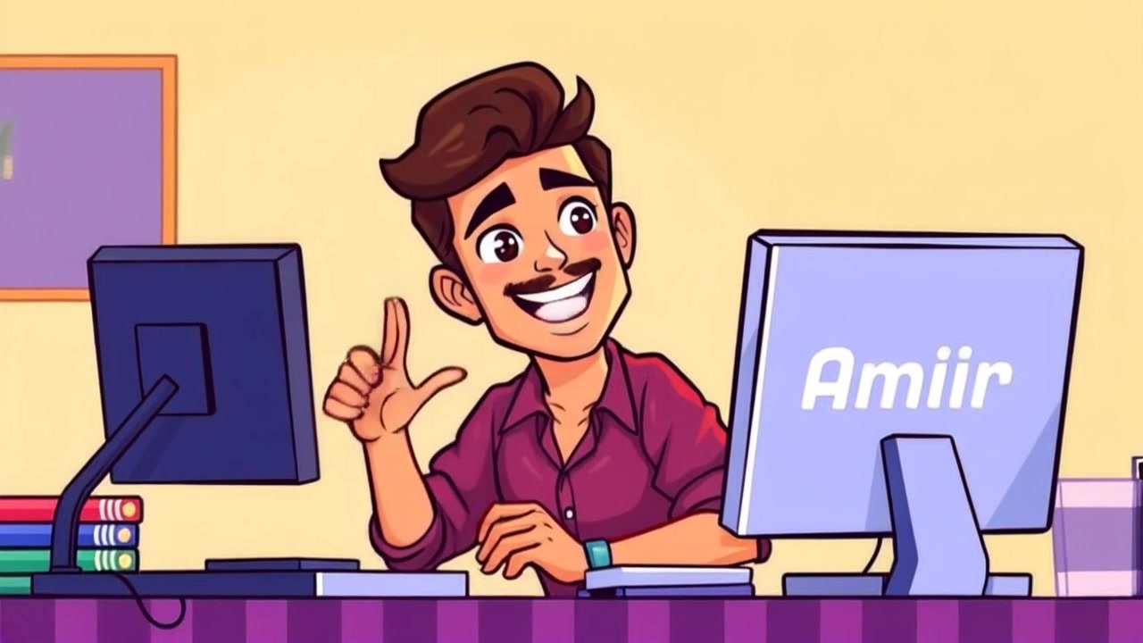 Subject: A person sitting at a modern desk. Subject movement: The person gestures excitedly with a smile, as if sharing an important discovery on the computer screen. Scene: A well-organized home office bathed in bright, natural light from a nearby window, filled with colorful decorations and tech gadgets. Camera: A dynamic push-in shot, closing the distance to the person's enthusiastic expression and animated gestures. Lighting: Bright, cheerful morning light illuminating the workspace, creating a vibrant and inviting atmosphere.