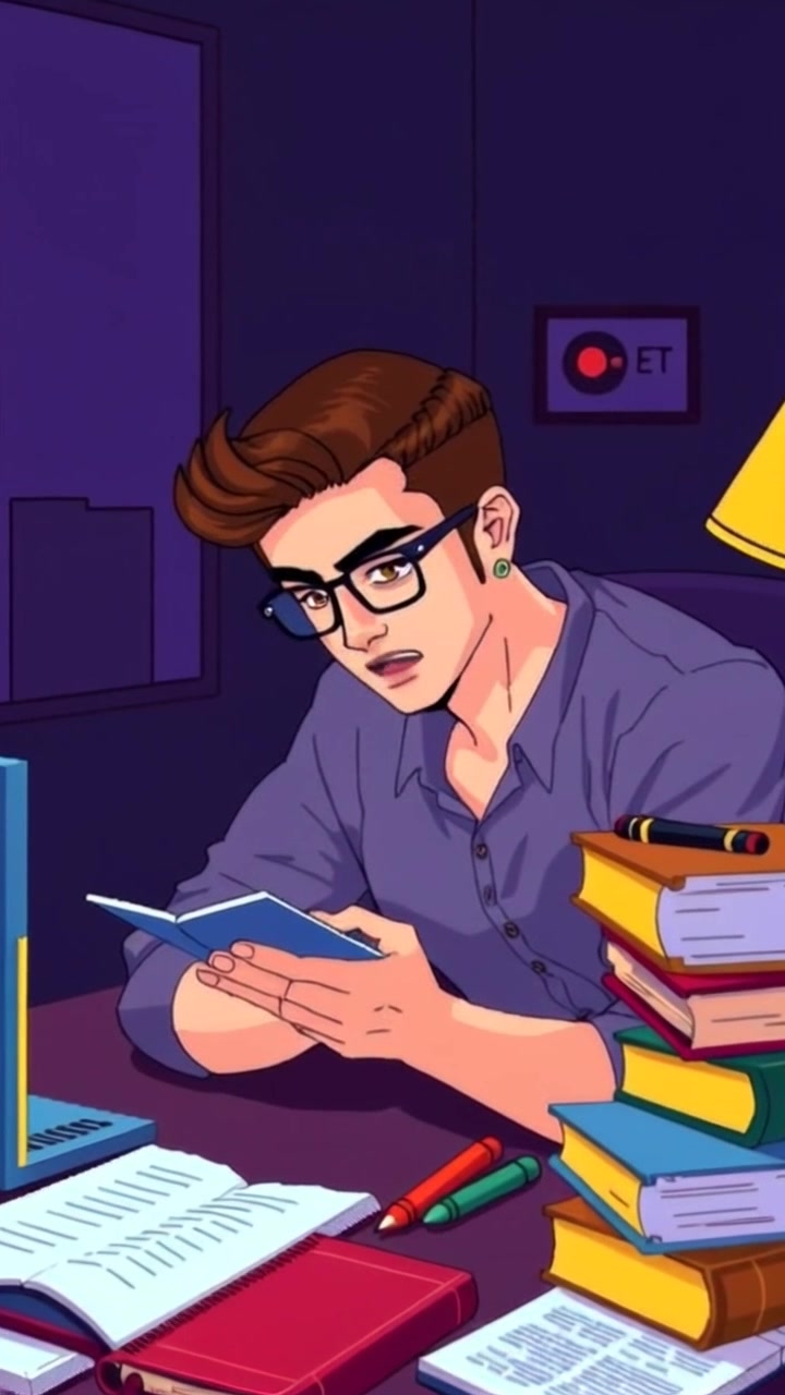 Subject: A focused individual deeply immersed in studying. Subject movement: Budi occasionally flips through pages of notes and adjusts his glasses while concentrating on his work. Scene: A dimly lit study room filled with books and scattered notes on the desk, embodying a late-night study atmosphere. Style: Soft, warm ambient lighting from a desk lamp creates a cozy yet intense mood, emphasizing the dedication and urgency of the scene. Motion: The camera slowly pushes in on Budi's face, capturing his determined expression, before panning out to reveal the cluttered desk filled with textbooks and coffee cups.