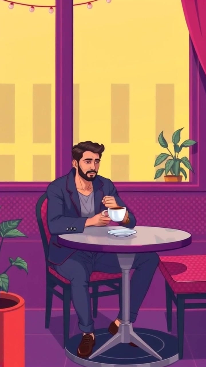 Subject: An Amir sitting at a small round table in a quaint cafe. Subject movement: He takes a small sip from his cup of coffee, exuding a sense of calm and contemplation. Scene: A cozy cafe setting with warm wooden decor and soft ambient lighting creating an inviting atmosphere. Motion: The camera performs a gentle push-in, smoothly focusing on the Amir as the background softly blurs, enhancing the intimate feel of the moment.