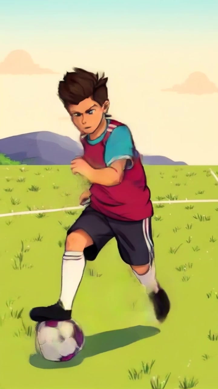 Subject: A young person practicing dribbling a soccer ball. Subject movement: The player weaves skillfully across the grassy field, deftly tapping the ball with their feet. Scene: Sunny grassy field under a clear blue sky. Style: Bright, vibrant lighting enhancing the lively atmosphere of outdoor sports. Motion: The camera performs a dynamic tracking shot, smoothly following the player's movements as they navigate through an imaginary obstacle course on the field.