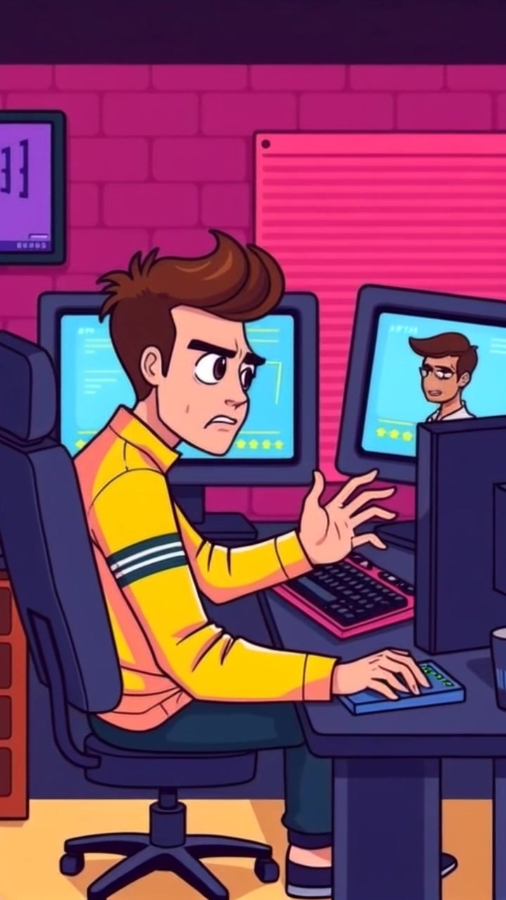 Subject: A person deeply focused, looking frustrated at a computer desk with multiple monitors displaying a gaming interface. Subject movement: The person leans back in their chair, exhaling dramatically as their hands flop on the keyboard, showcasing a moment of exasperation. Scene: A dimly lit gaming room filled with an array of tech gear and glowing screens. Style: Soft ambient lighting, with a mix of cool blue and green hues emanating from the monitors. Motion: The camera gently zooms in on the monitor's reflection in the player's glasses, capturing the intensity of the gaming experience.