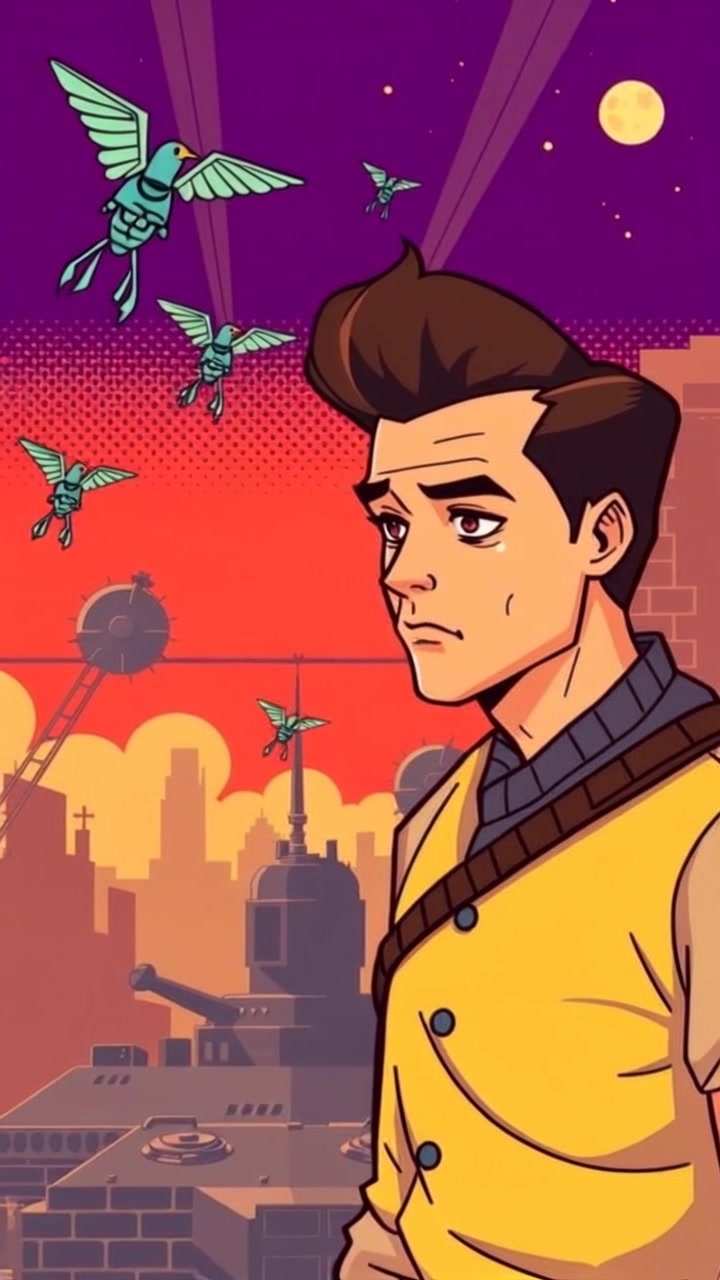 Subject: Amir with a concerned expression. Subject movement: Amir points decisively at the approaching piglins, his body tense as he prepares for the impending threat. Scene: A desolate landscape with dark, ominous skies and distant mountains, setting a foreboding atmosphere. Style: Dim, muted lighting enhancing the sense of danger with shadowy contrasts. Motion: The camera performs a dramatic push-in towards Amir, capturing his urgency as he directs attention to the encroaching enemies.