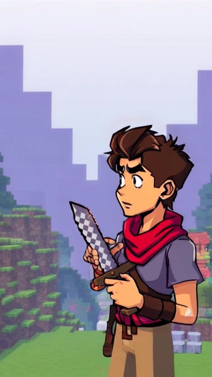 Subject: A character nervously glancing around while holding a blocky sword. Subject movement: The character shifts their gaze and takes cautious steps forward in a Minecraft landscape filled with pixelated trees and blocky terrain. Scene: A vibrant Minecraft environment, with cubic clouds floating above and various block structures scattered in the background. Style: Bright, playful lighting that emphasizes the colorful blocks and characters of the game. Motion: The camera performs a smooth handheld tracking shot, weaving through the environment, focusing on the character's anxious expressions and the dynamic world around them.